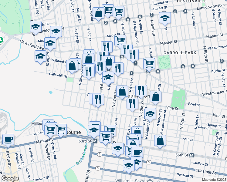 map of restaurants, bars, coffee shops, grocery stores, and more near 315 North Felton Street in Philadelphia