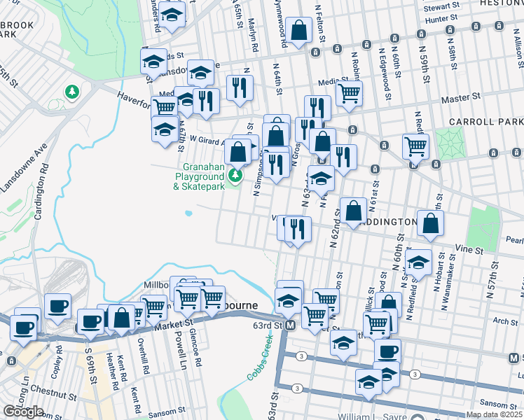 map of restaurants, bars, coffee shops, grocery stores, and more near 259 North Simpson Street in Philadelphia