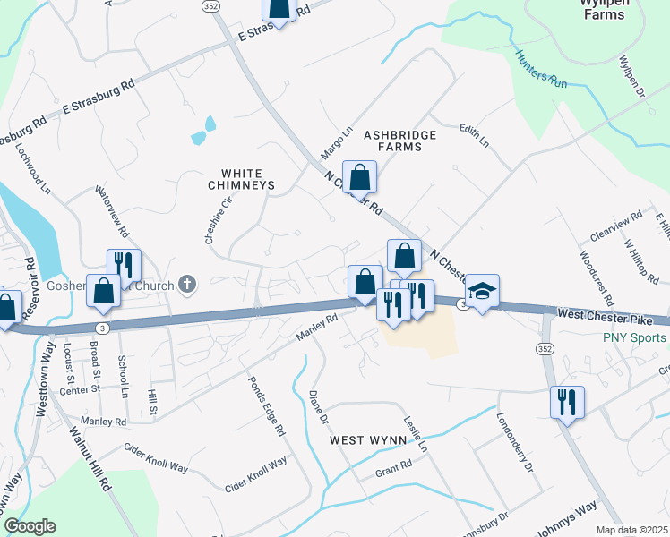 map of restaurants, bars, coffee shops, grocery stores, and more near 140 Bent Tree Drive in West Chester