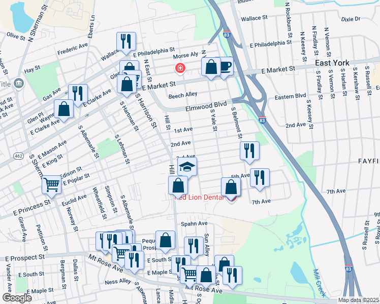 map of restaurants, bars, coffee shops, grocery stores, and more near 1436 3rd Avenue in York