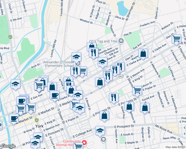 map of restaurants, bars, coffee shops, grocery stores, and more near 509 East Philadelphia Street in York