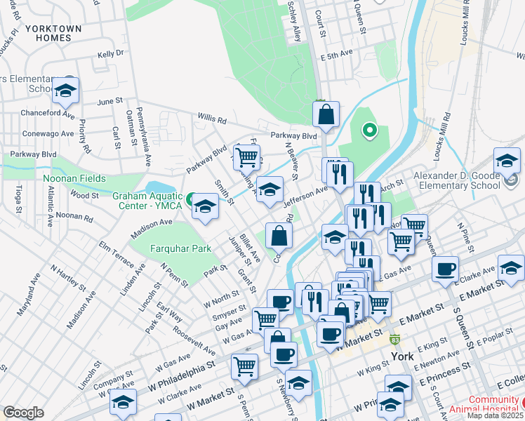 map of restaurants, bars, coffee shops, grocery stores, and more near 214 Jefferson Avenue in York