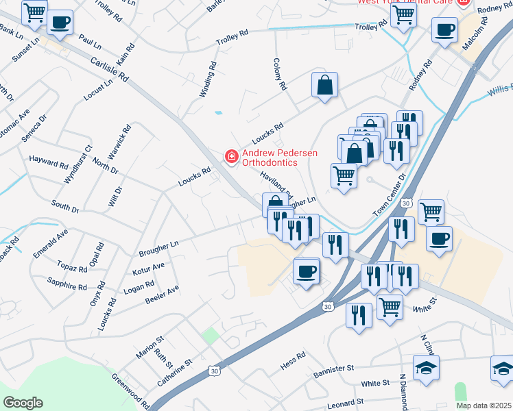 map of restaurants, bars, coffee shops, grocery stores, and more near 2229 Brougher Lane in York