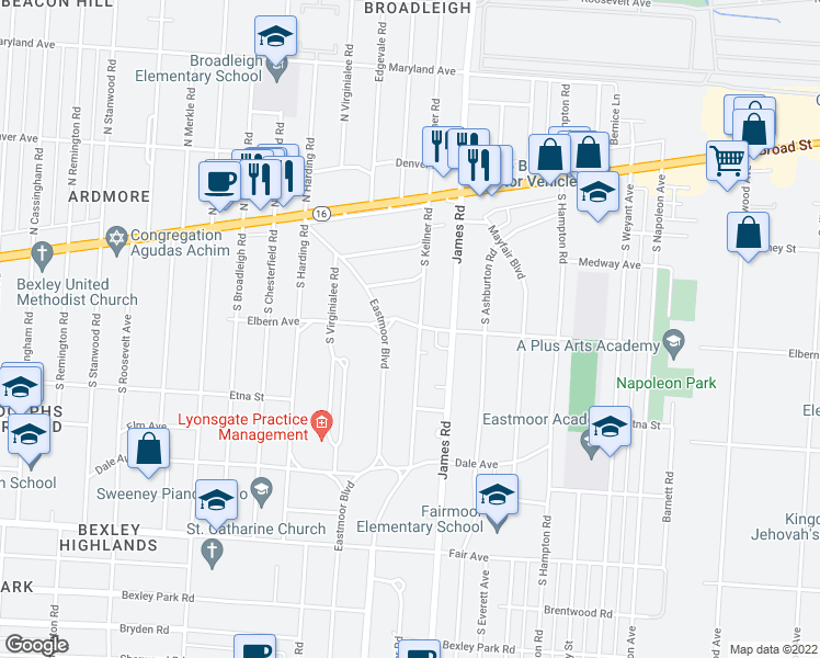 map of restaurants, bars, coffee shops, grocery stores, and more near 197 South Kellner Road in Columbus