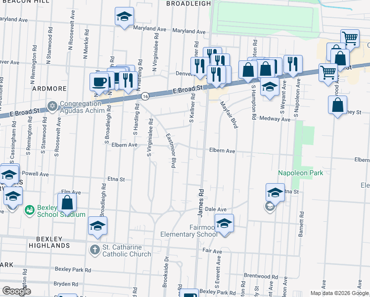 map of restaurants, bars, coffee shops, grocery stores, and more near 197 South Kellner Road in Columbus