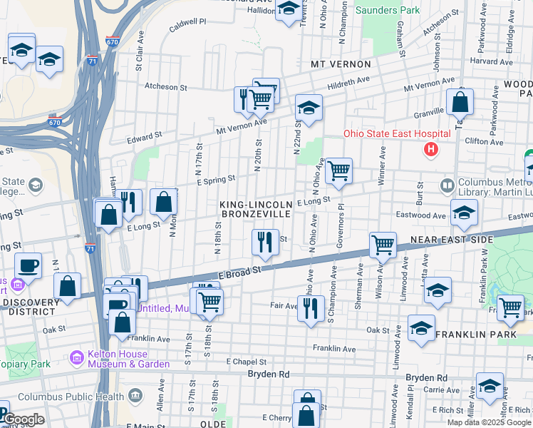 map of restaurants, bars, coffee shops, grocery stores, and more near 94 North 21st Street in Columbus