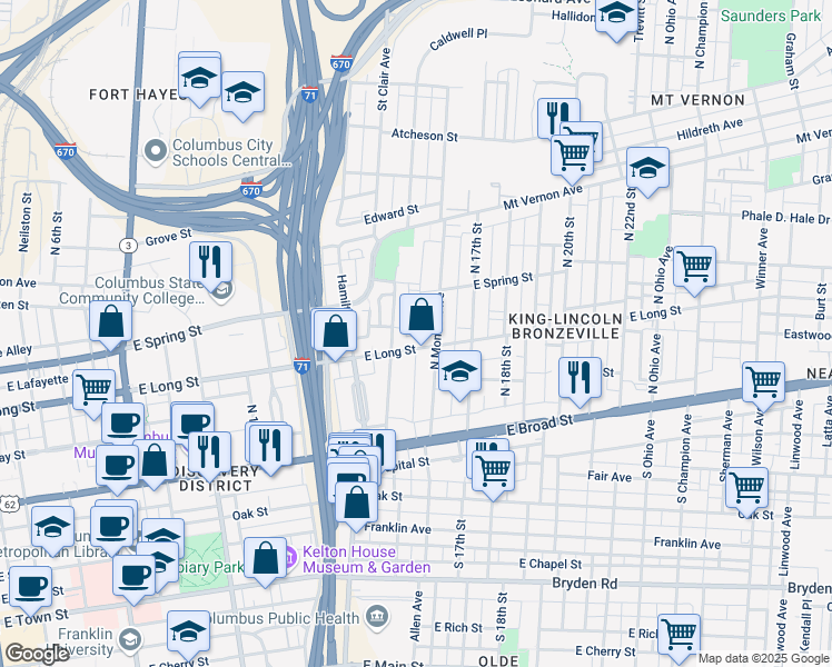 map of restaurants, bars, coffee shops, grocery stores, and more near 792 East Long Street in Columbus