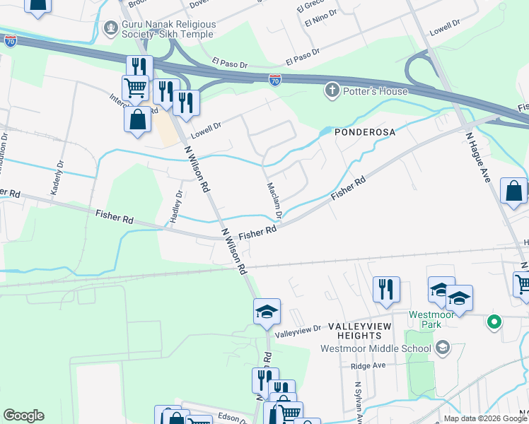 map of restaurants, bars, coffee shops, grocery stores, and more near 3494 Fisher Road in Columbus