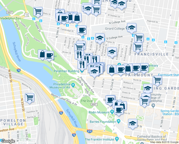 map of restaurants, bars, coffee shops, grocery stores, and more near 2431 Olive Street in Philadelphia