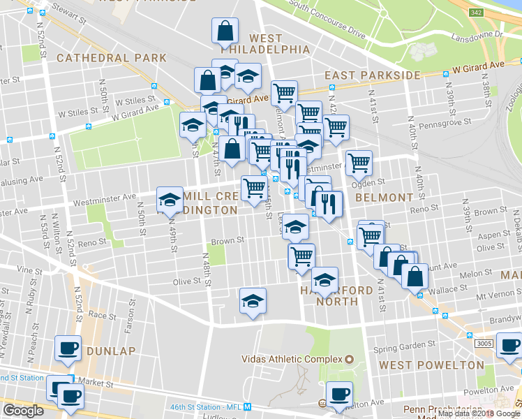 map of restaurants, bars, coffee shops, grocery stores, and more near 4515 Parrish Street in Philadelphia