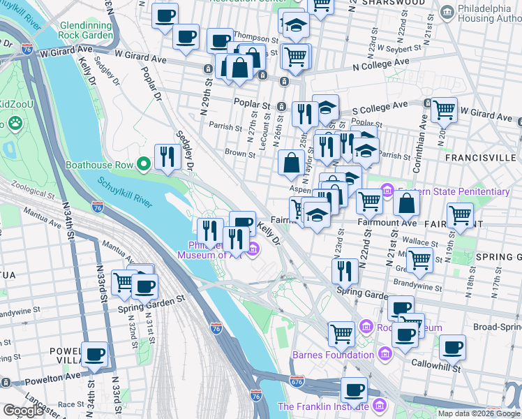 map of restaurants, bars, coffee shops, grocery stores, and more near 2610 Pennsylvania Avenue in Philadelphia