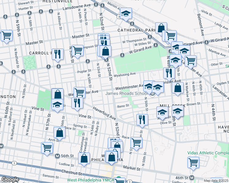 map of restaurants, bars, coffee shops, grocery stores, and more near 441 North 52nd Street in Philadelphia