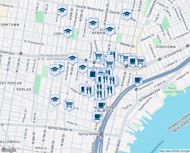 map of restaurants, bars, coffee shops, grocery stores, and more near 222 West George Street in Philadelphia