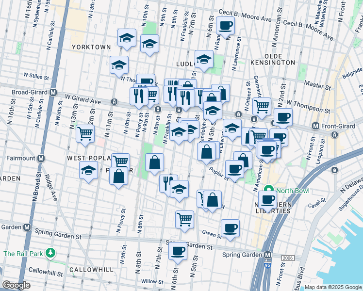 map of restaurants, bars, coffee shops, grocery stores, and more near 922 North Marshall Street in Philadelphia
