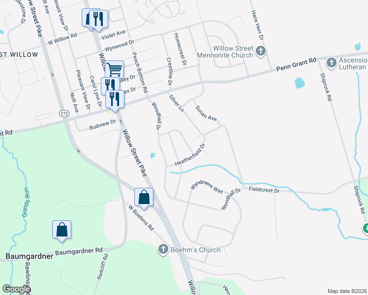 map of restaurants, bars, coffee shops, grocery stores, and more near 15 Bittersweet Path in Willow Street