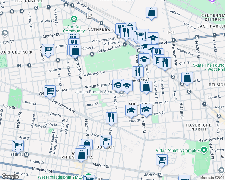 map of restaurants, bars, coffee shops, grocery stores, and more near 882 North 50th Street in Philadelphia