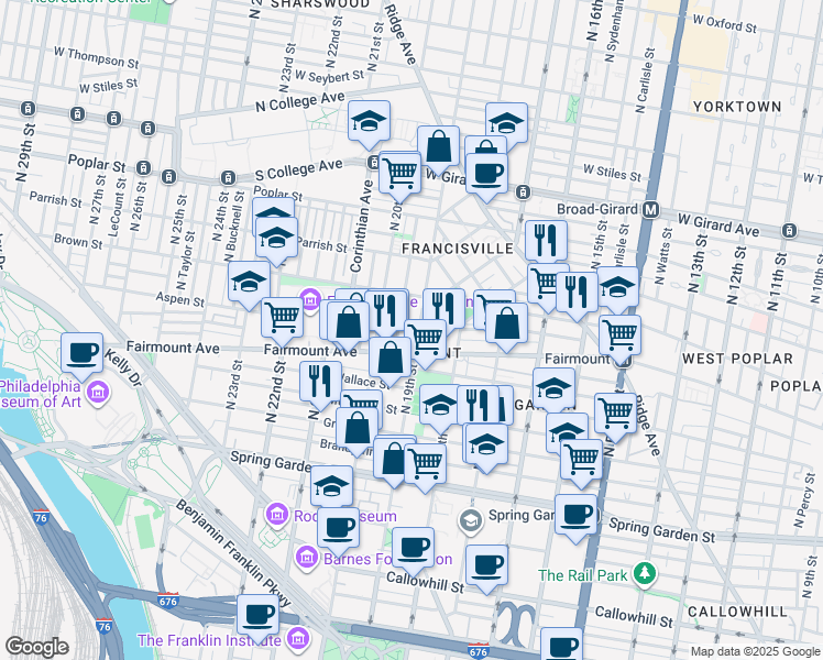 map of restaurants, bars, coffee shops, grocery stores, and more near 714 North 19th Street in Philadelphia