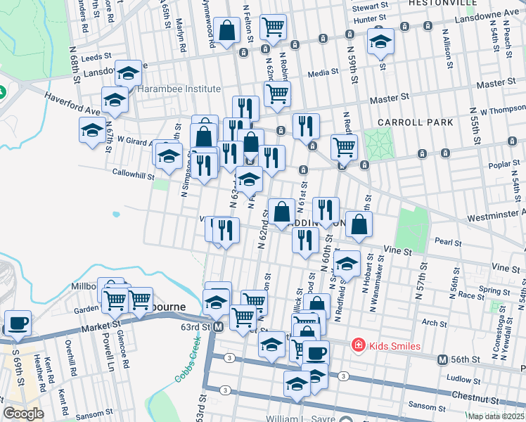 map of restaurants, bars, coffee shops, grocery stores, and more near 336 North 62nd Street in Philadelphia