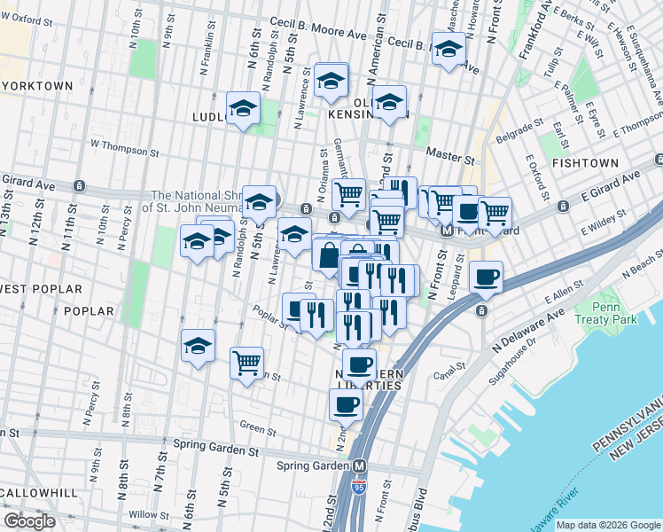 map of restaurants, bars, coffee shops, grocery stores, and more near 222 West George Street in Philadelphia