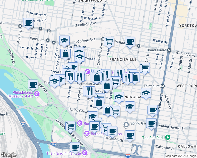 map of restaurants, bars, coffee shops, grocery stores, and more near 715 Corinthian Avenue in Philadelphia