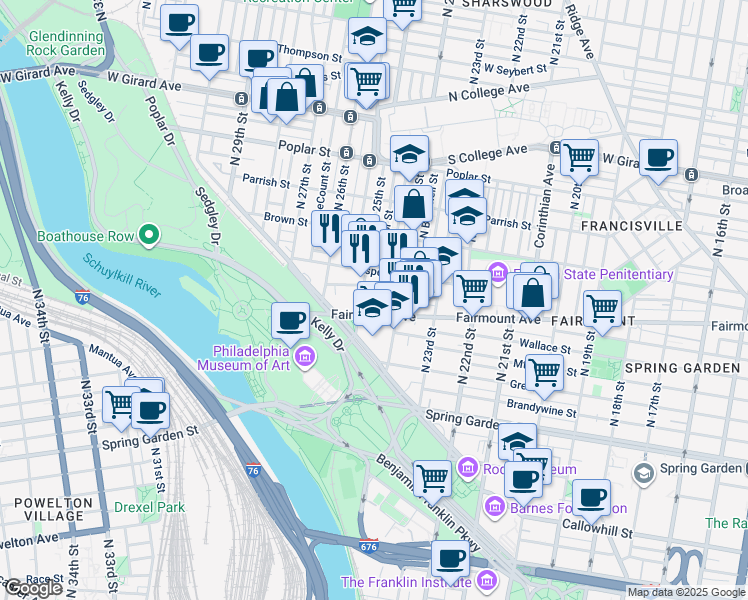 map of restaurants, bars, coffee shops, grocery stores, and more near 2431 Olive Street in Philadelphia