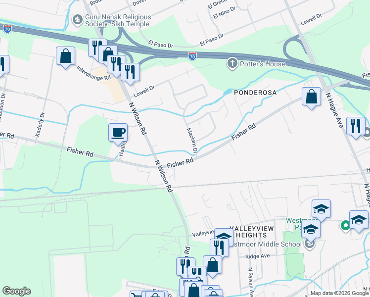 map of restaurants, bars, coffee shops, grocery stores, and more near 3494 Fisher Road in Columbus