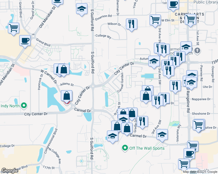 map of restaurants, bars, coffee shops, grocery stores, and more near 12517 North Clark Street in Carmel