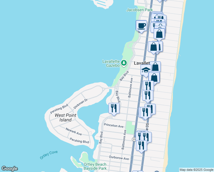 map of restaurants, bars, coffee shops, grocery stores, and more near 2 Pershing Boulevard in Lavallette