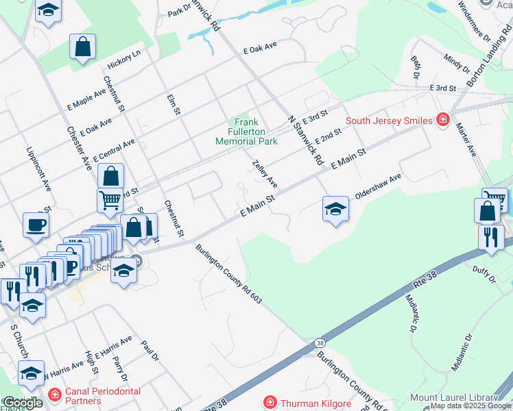 map of restaurants, bars, coffee shops, grocery stores, and more near East Main Street in Moorestown