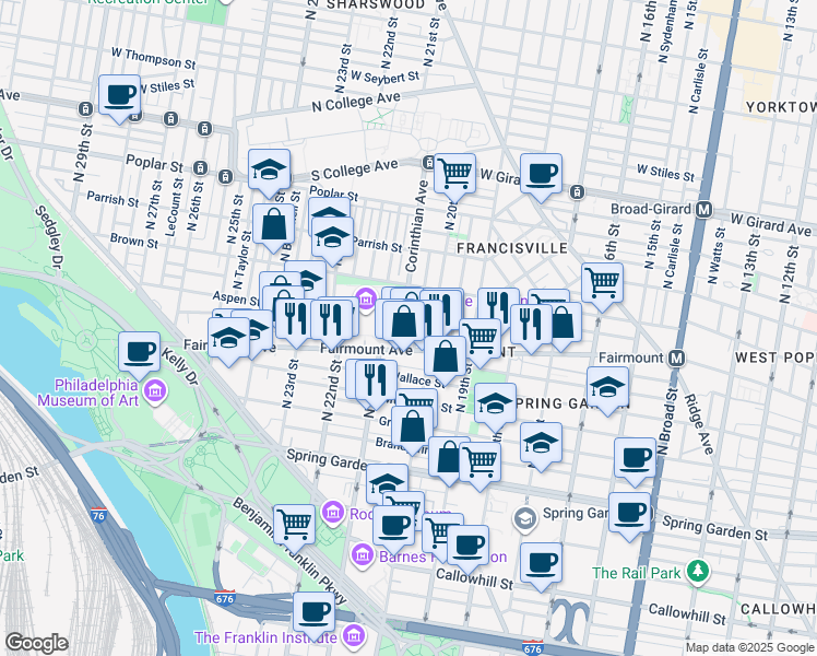 map of restaurants, bars, coffee shops, grocery stores, and more near 715 Corinthian Avenue in Philadelphia