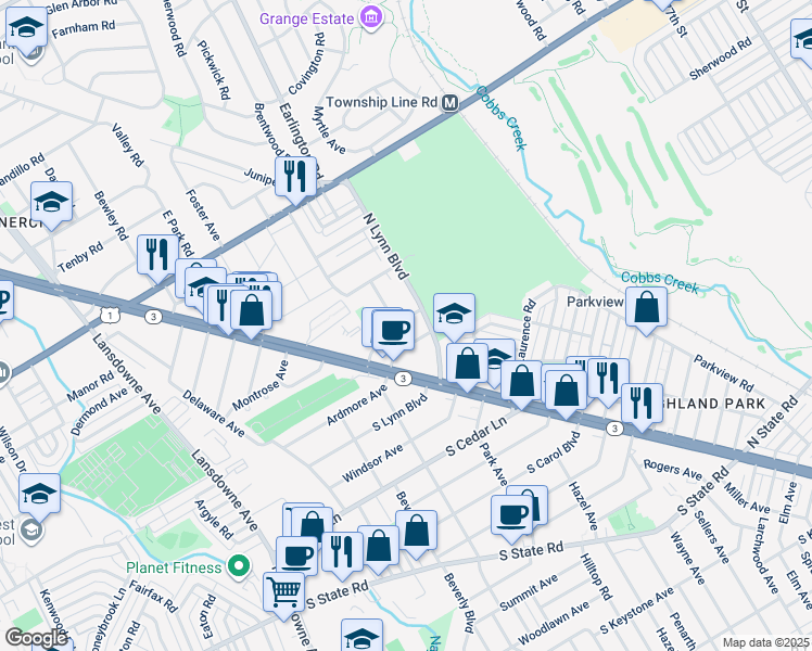 map of restaurants, bars, coffee shops, grocery stores, and more near 41 Cloverdale Avenue in Upper Darby