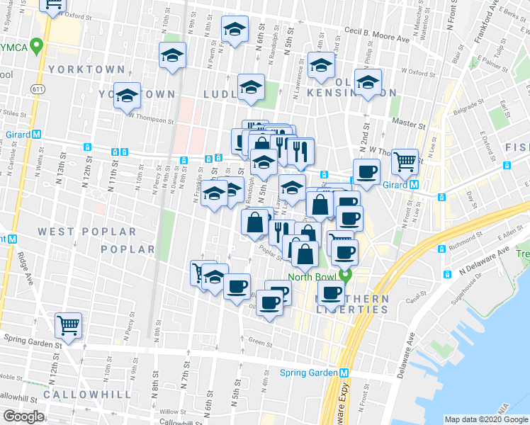map of restaurants, bars, coffee shops, grocery stores, and more near 959 North 5th Street in Philadelphia