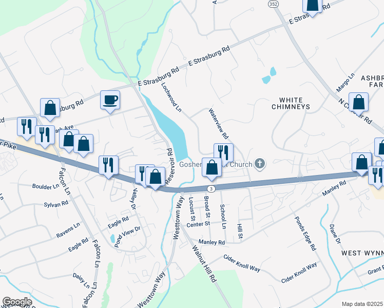 map of restaurants, bars, coffee shops, grocery stores, and more near 28 Lochwood Lane in West Chester