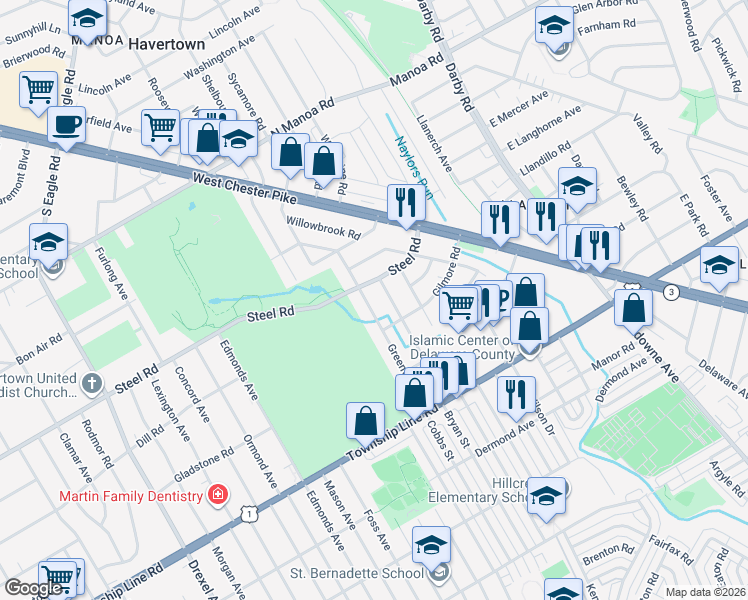 map of restaurants, bars, coffee shops, grocery stores, and more near 405 Greenview Lane in Havertown