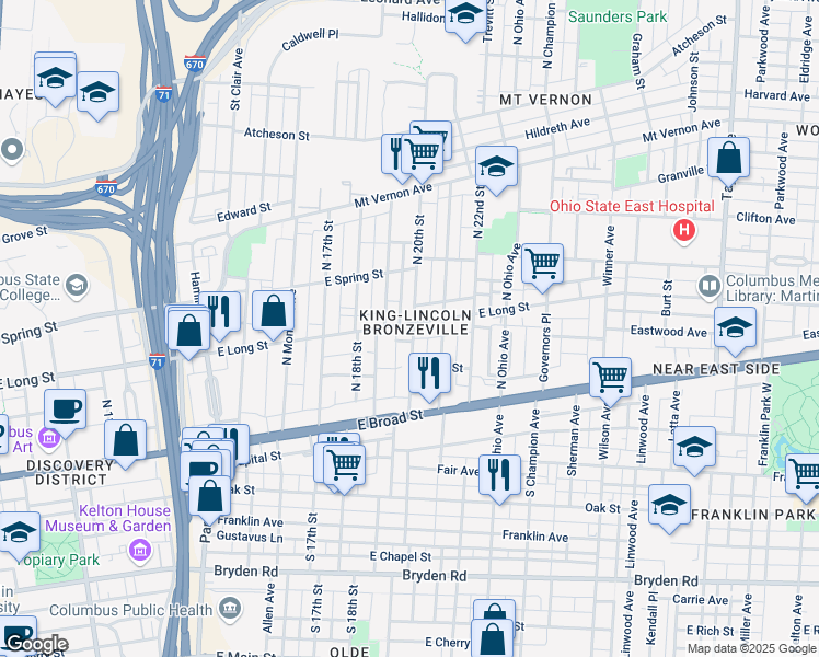 map of restaurants, bars, coffee shops, grocery stores, and more near 117 North 20th Street in Columbus