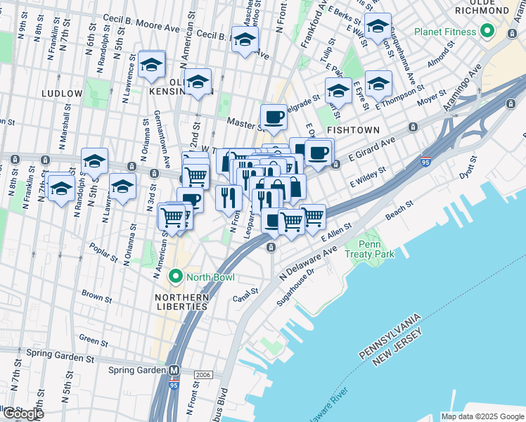 map of restaurants, bars, coffee shops, grocery stores, and more near 1129 Dunton Street in Philadelphia