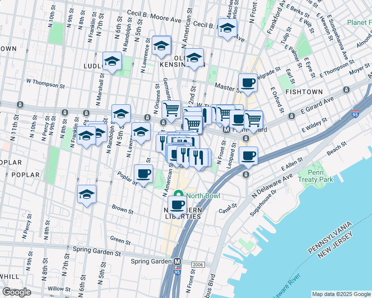 map of restaurants, bars, coffee shops, grocery stores, and more near 1075-1099 Germantown Avenue in Philadelphia