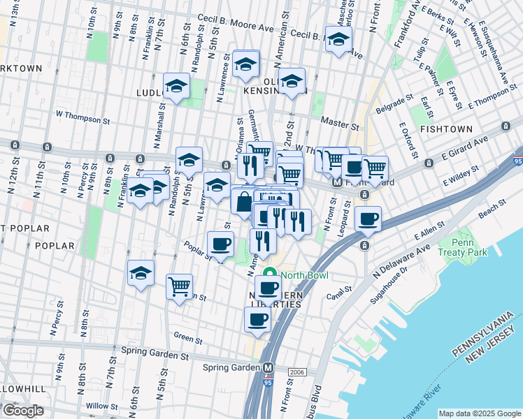 map of restaurants, bars, coffee shops, grocery stores, and more near 1102 North American Street in Philadelphia