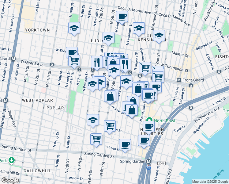 map of restaurants, bars, coffee shops, grocery stores, and more near 959 North 5th Street in Philadelphia