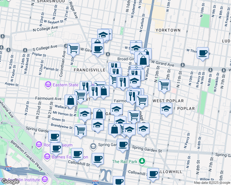 map of restaurants, bars, coffee shops, grocery stores, and more near 723 North 16th Street in Philadelphia