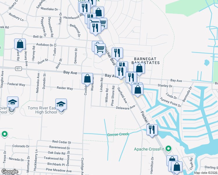map of restaurants, bars, coffee shops, grocery stores, and more near 809 Willow Road in Toms River