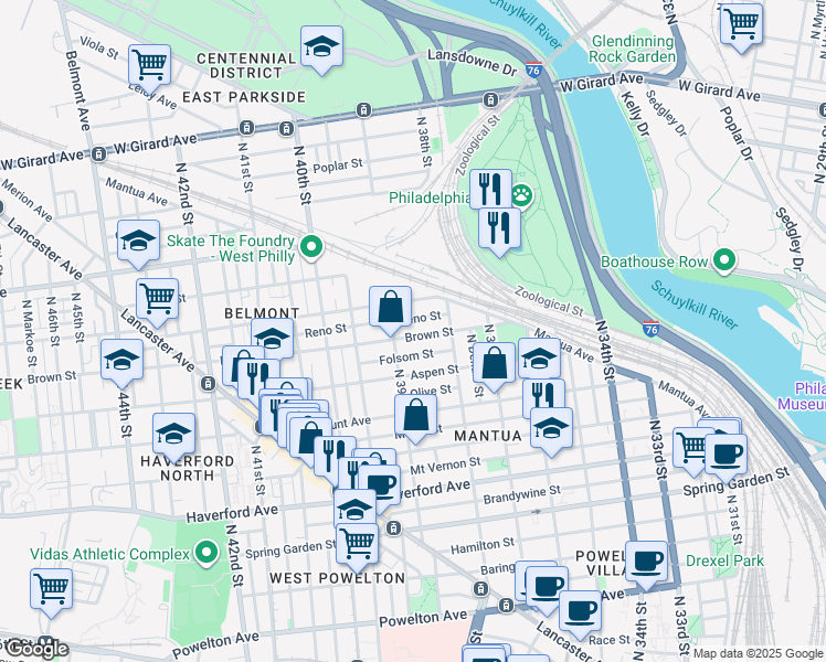 map of restaurants, bars, coffee shops, grocery stores, and more near 3842 Brown Street in Philadelphia