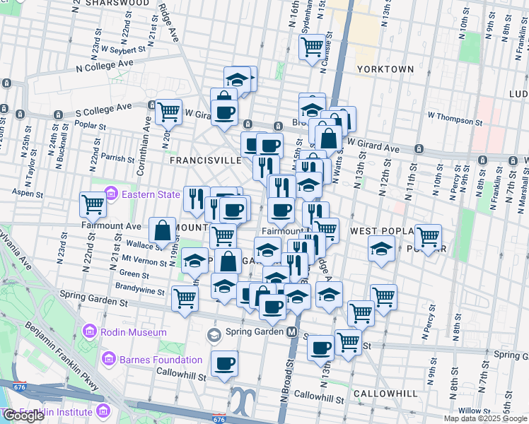 map of restaurants, bars, coffee shops, grocery stores, and more near 723 North 16th Street in Philadelphia