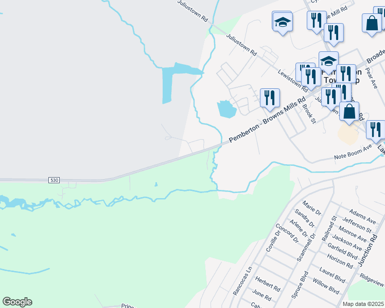 map of restaurants, bars, coffee shops, grocery stores, and more near 0 Browns Mills Avenue in Pemberton Township