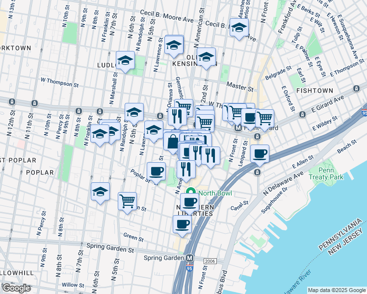 map of restaurants, bars, coffee shops, grocery stores, and more near 1102 North American Street in Philadelphia