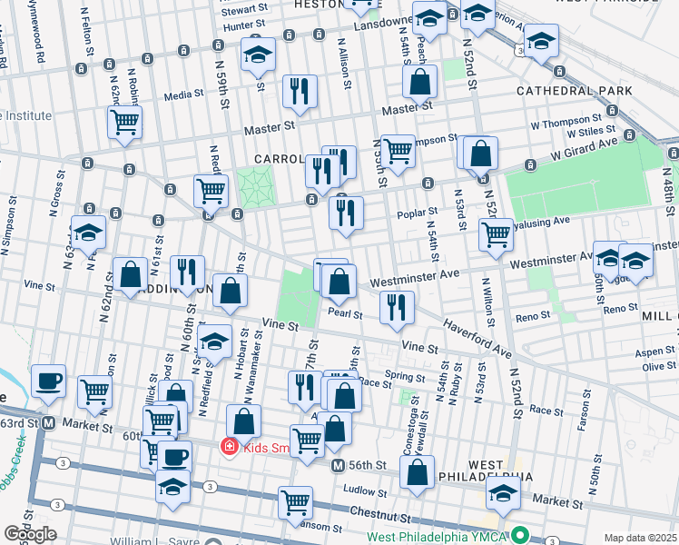 map of restaurants, bars, coffee shops, grocery stores, and more near 5623 Haverford Avenue in Philadelphia