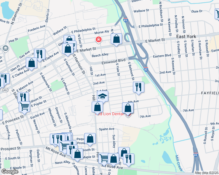 map of restaurants, bars, coffee shops, grocery stores, and more near 1505 3rd Avenue in York