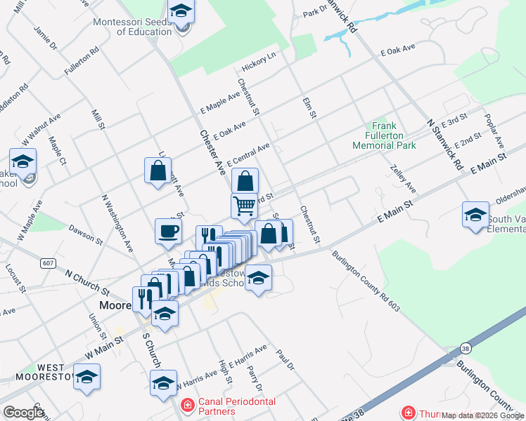 map of restaurants, bars, coffee shops, grocery stores, and more near 221 Chester Avenue in Moorestown