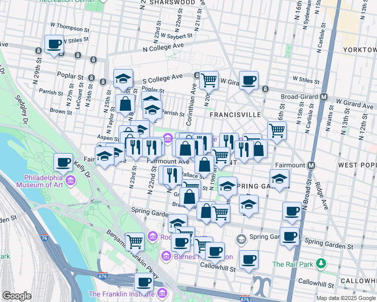 map of restaurants, bars, coffee shops, grocery stores, and more near 717 Corinthian Avenue in Philadelphia