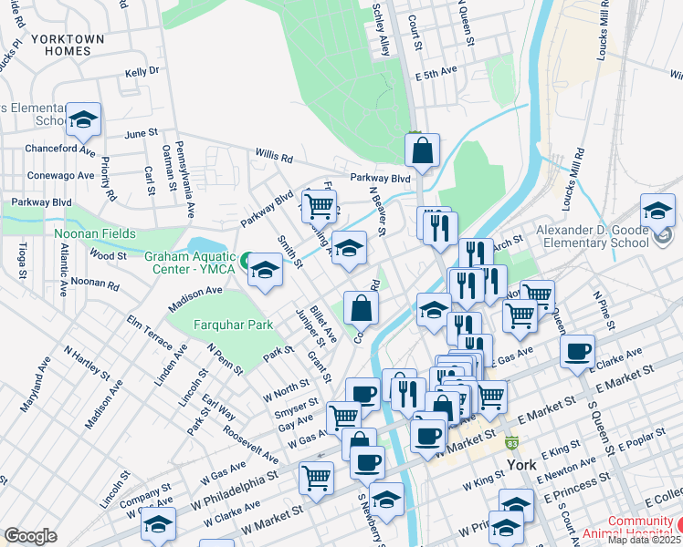 map of restaurants, bars, coffee shops, grocery stores, and more near 510 North Pershing Avenue in York